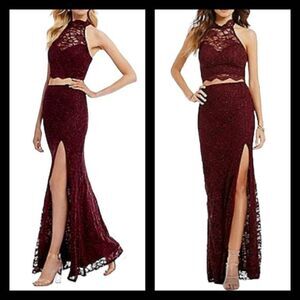 B Darlin 2 pc Burgundy Wine Formal Dress Lace Skirt Cut Out Top Jr Sz 3